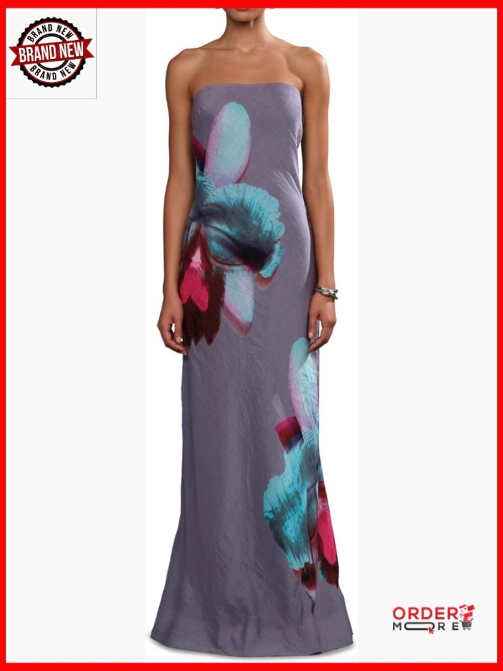 Strapless Floral Maxi Dress Shift Silhouette Ankle Length Linen Silk
